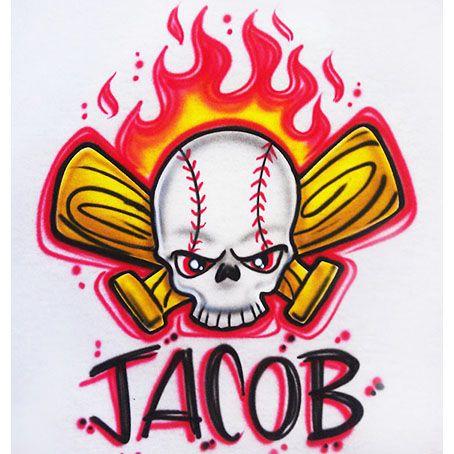 Airbrushed Skull Baseball and Bats with Flames
